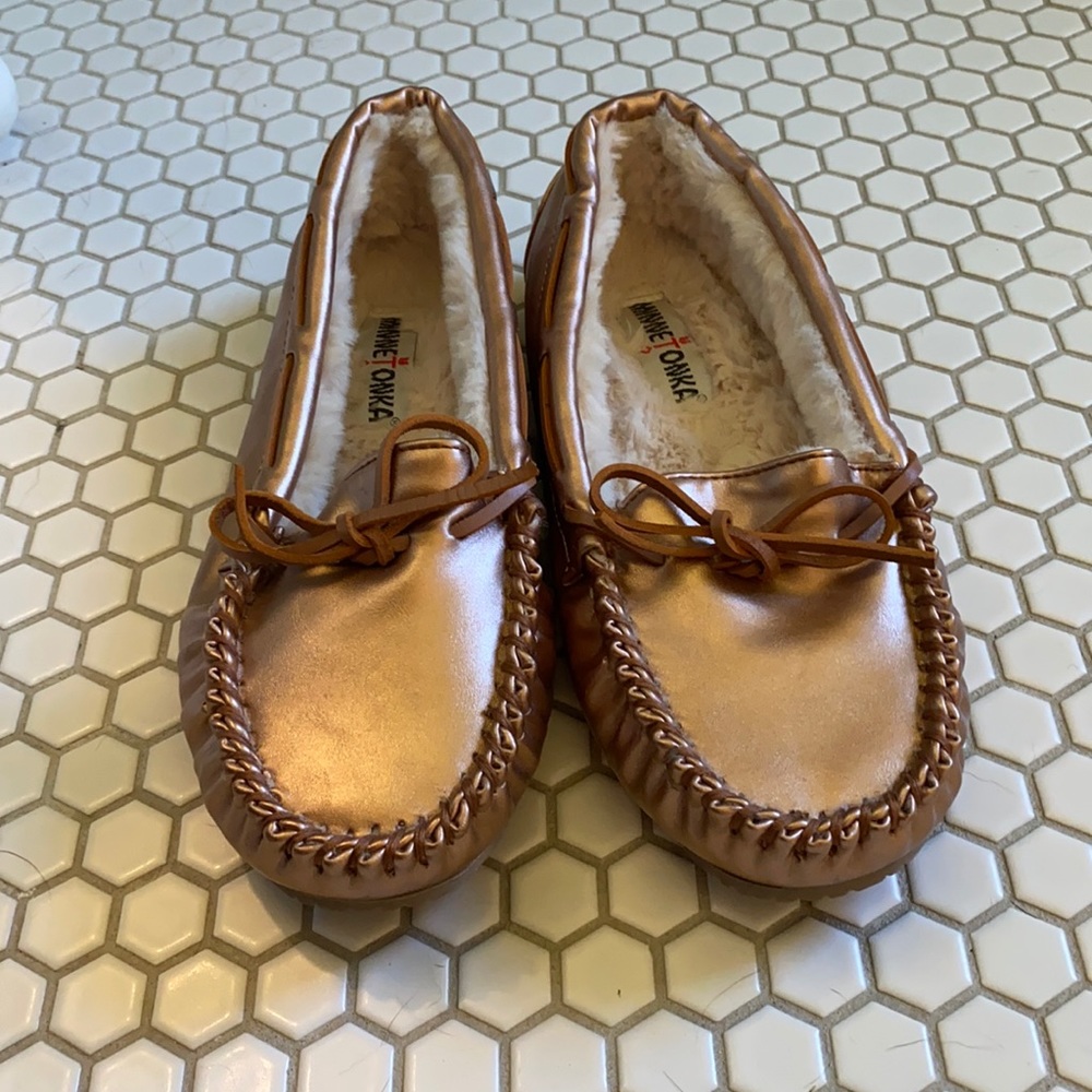 Metallic Rose Gold Minnetonka Slippers